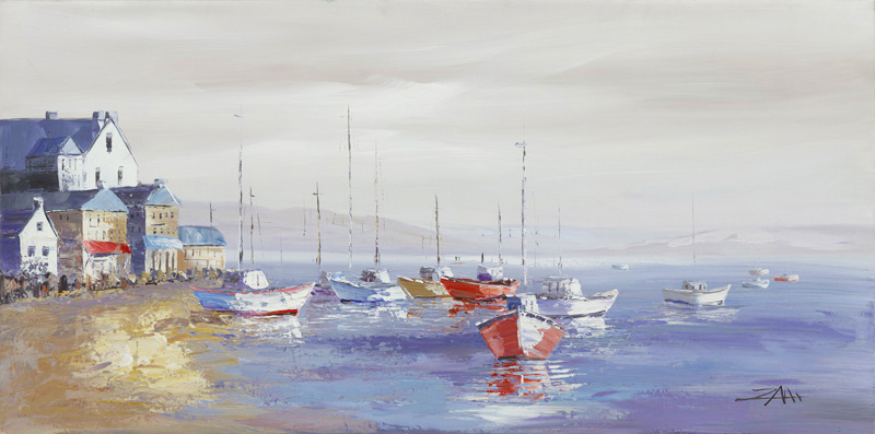 PXYW550 Wall décor art oil on canvas seascape boats blue white tones